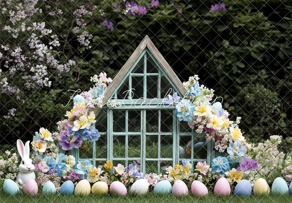 Kate Easter Bunny Floral Green House Backdrop Designed by Mini MakeBelieve