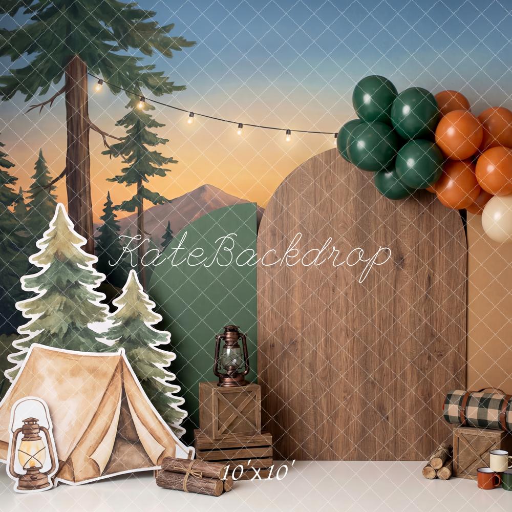 Kate Cake Smash Camping Tent Forest Campfire Balloons Printed Backdrop Designed by Patty Roberts
