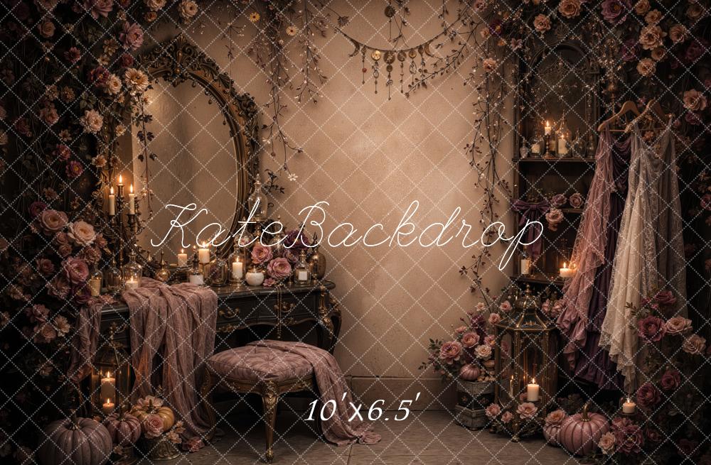 Kate Halloween Gothic Witches Dressing Room Mirror Floral Pumpkins Printed Backdrop Designed by Jordan Moon
