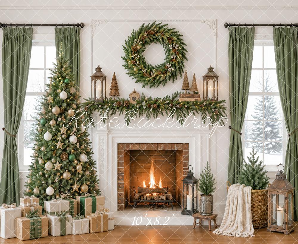 Kate Christmas Fireplace Tree Wreath Garland Lanterns Winter Window Printed Backdrop Designed by Emetselch