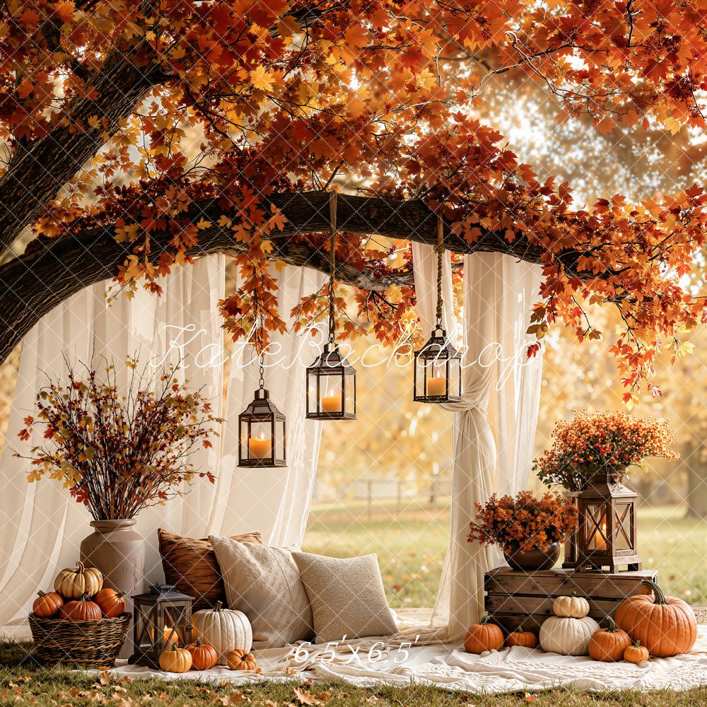 Kate Fall Branch Arch White Drapes Pumpkins Lanterns Cozy Printed Backdrop Designed by Emetselch