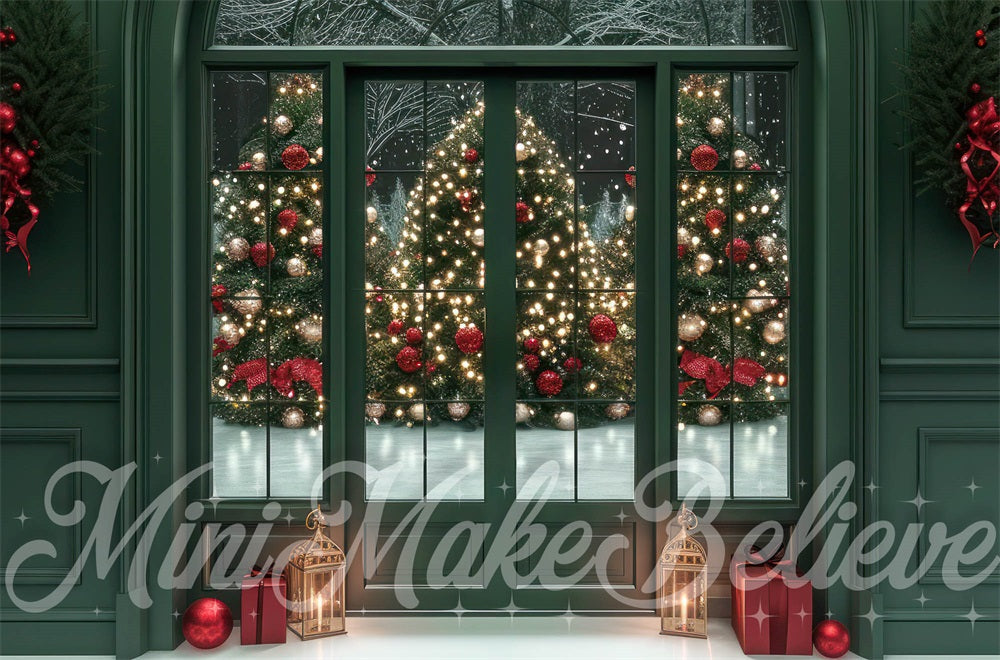 Fondo de ventana en forma de arco en verde oscuro vintage diseñado por Mini MakeBelieve para Navidad.