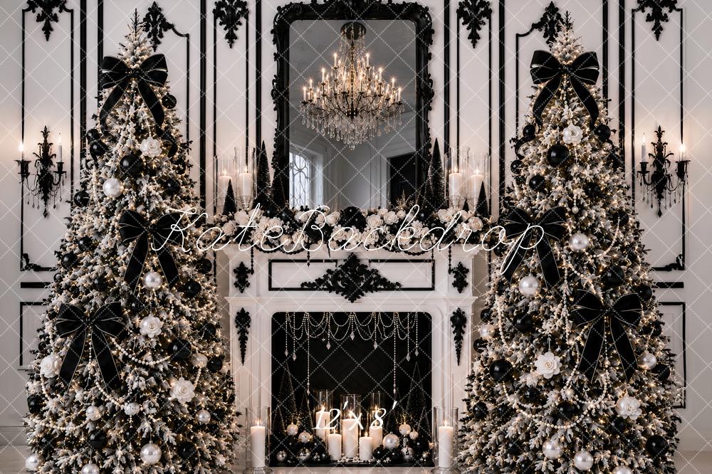 Kate Christmas Posh Black White Trees Fireplace Chandelier Printed Backdrop Designed by Ashley Paul