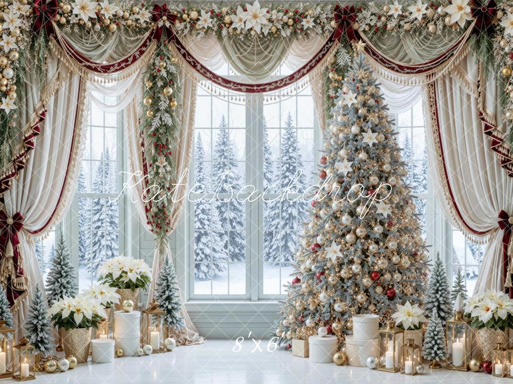 Kate Christmas Tree Window Luxury Drapery Poinsettia Printed Backdrop Designed by Mini MakeBelieve