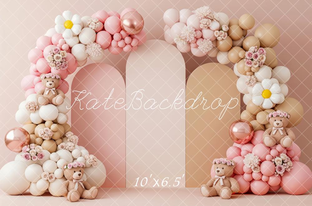 Kate Cake Smash Flower Arch Balloons Teddy Bears Backdrop Designed by Patty Roberts