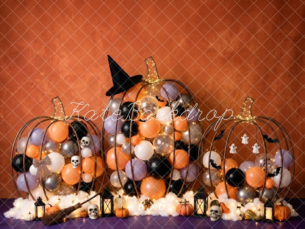 Kate Halloween Cake Smash Gold Pumpkin Balloons Witch Hat Printed Backdrop Designed by Patty Roberts