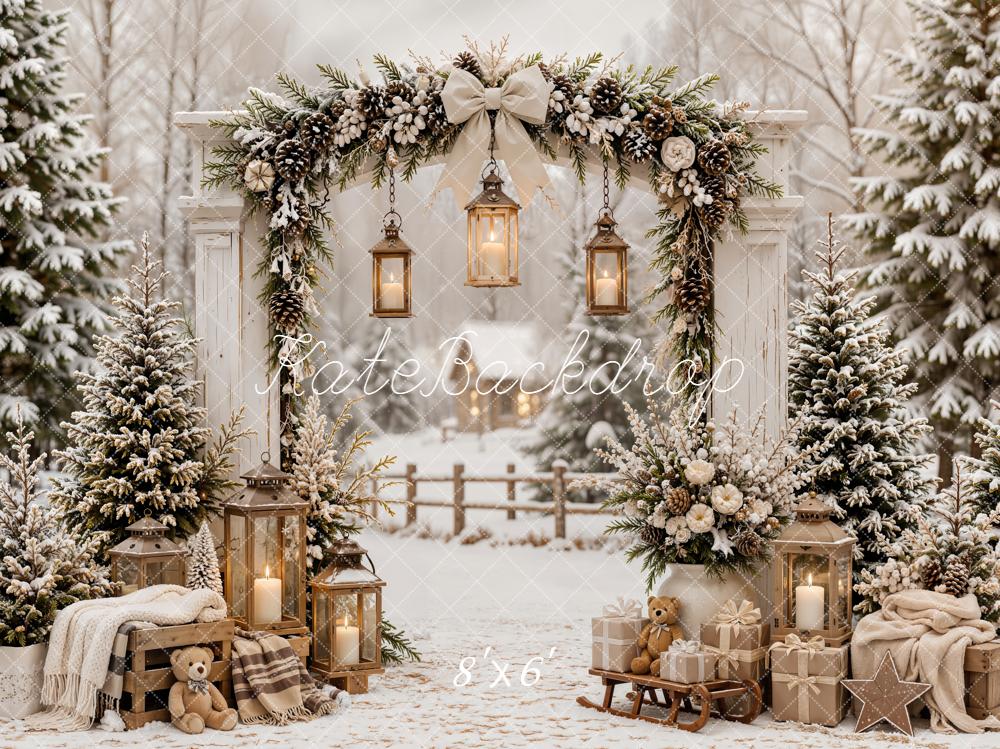 Kate Christmas Snowy Forest Arch Lanterns Gifts Sled Plaid Printed Backdrop Designed by Emetselch