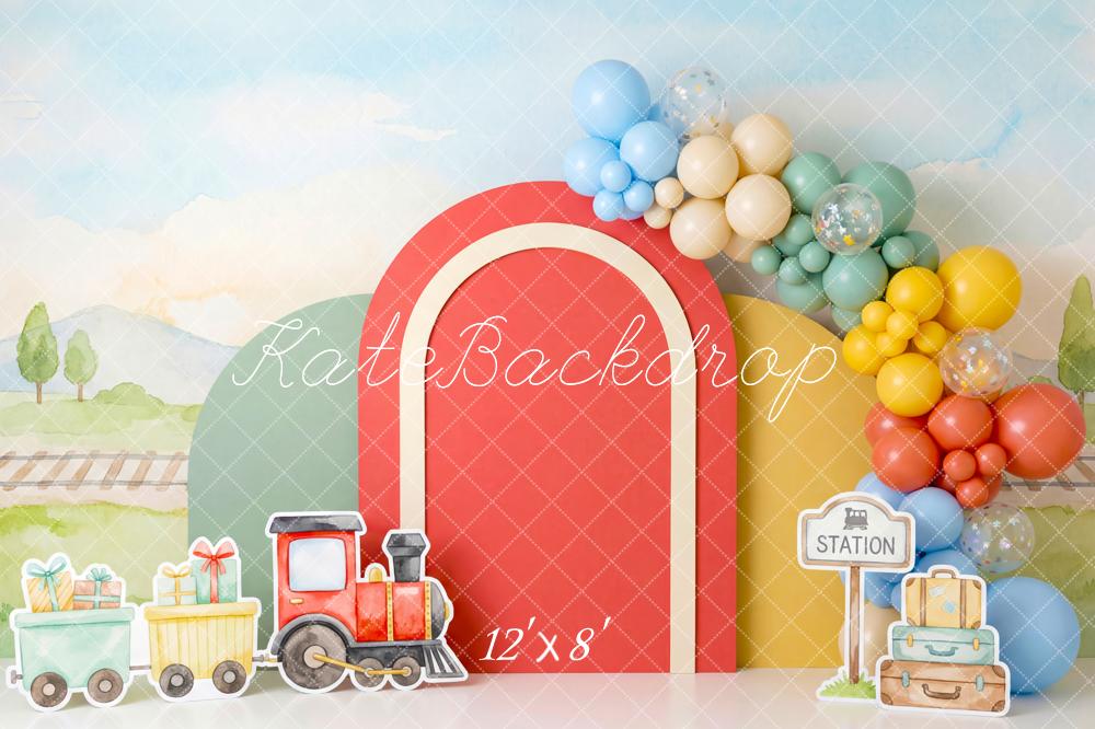 Kate Cake Smash Train Red Arch Balloons Station Pastel Landscape Printed Backdrop Designed by Patty Roberts