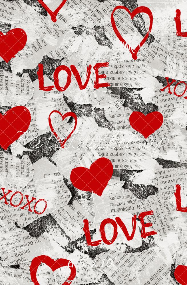 Kate Valentine's Day Red Hearts Graffiti Newspaper Collage Printed Backdrop Designed by Emetselch