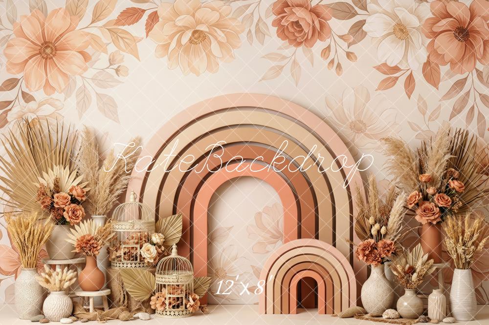 Kate Boho Cake Smash Flower Arch Rainbow Dried Flowers Printed Backdrop Designed by Patty Roberts