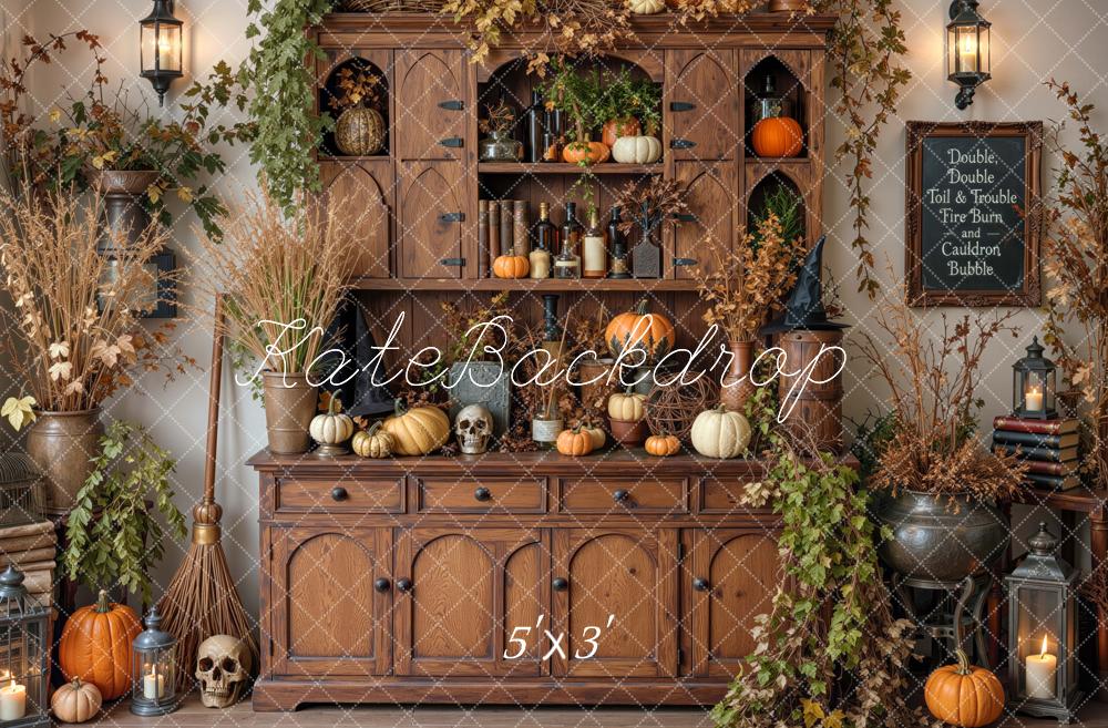 Kate Halloween Witches Hutch Gothic Cabinet Pumpkins Cauldron Printed Backdrop Designed by Mini MakeBelieve