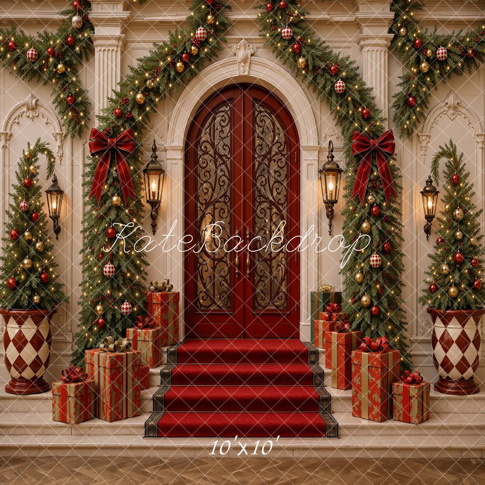 Kate Christmas Mansion Door Entryway Garland Trees Gifts Printed Backdrop Designed by Shutter Swan Studios