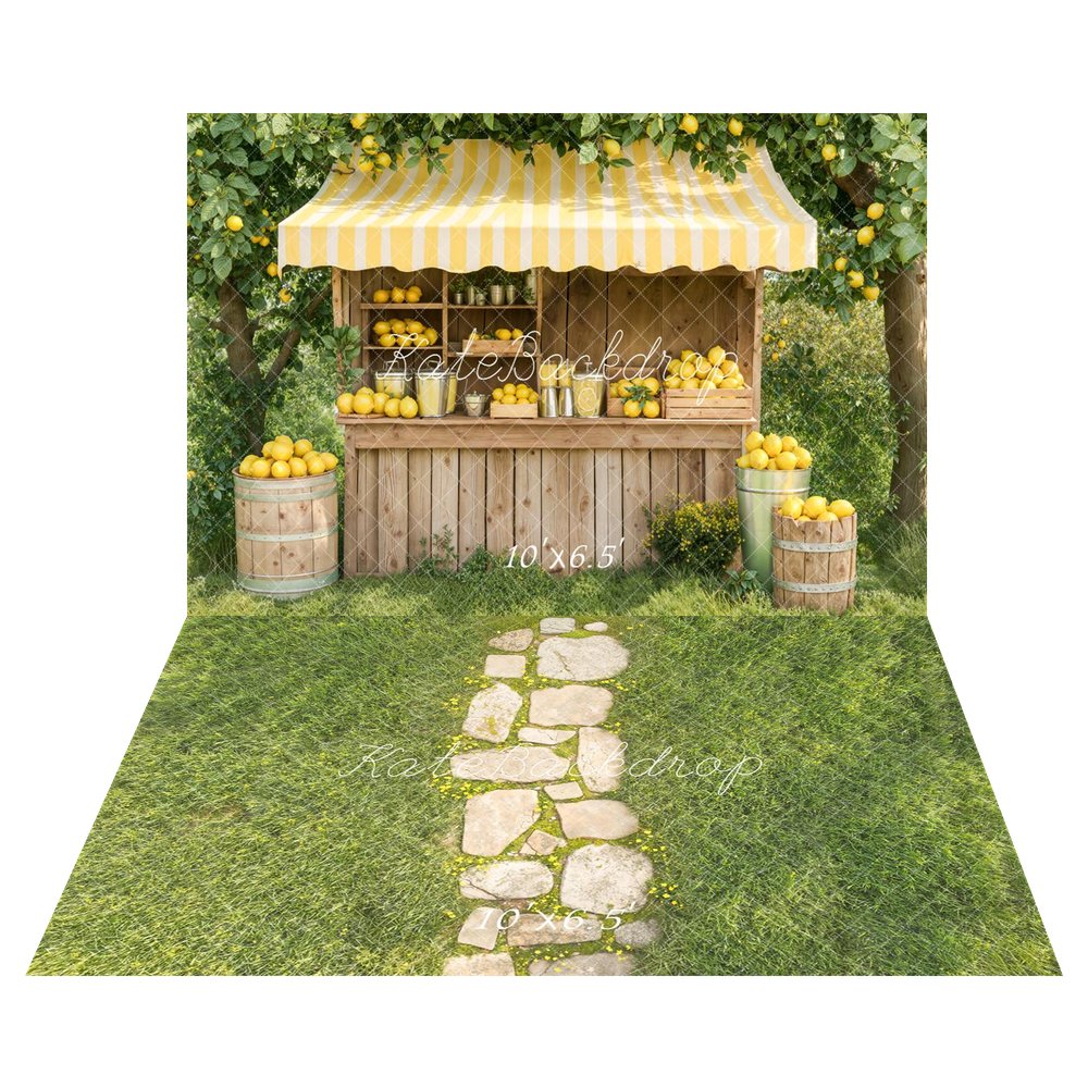 Kate Summer Lemonade Stand Yellow Lemons Wooden Market Printed Backdrop+Spring Stone Path In Green Grass Floor Printed Backdrop