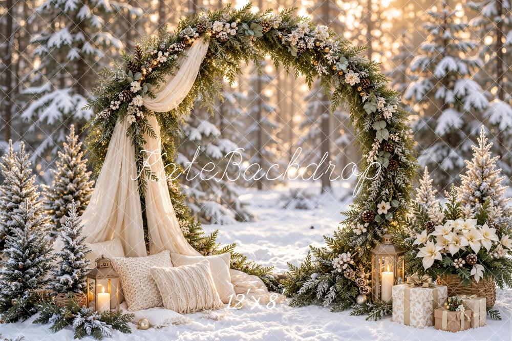 Kate Christmas Winter Circle Flower Arch Drapes Snowy Forest Printed Backdrop Designed by Emetselch