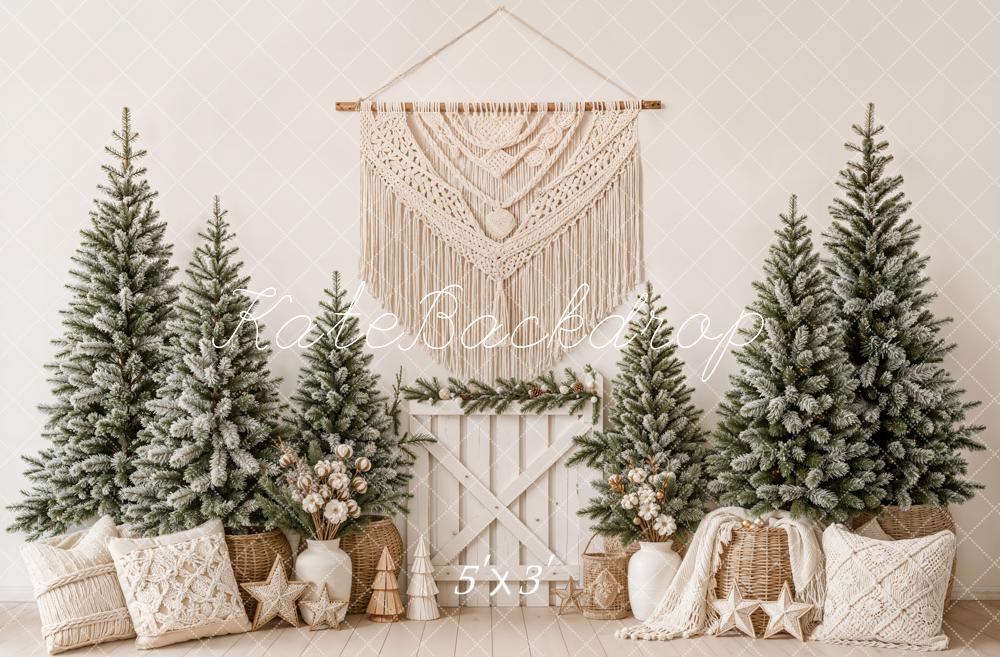 Kate Christmas Boho Snowy Pine Trees Macrame Pillows Printed Backdrop Designed by Emetselch