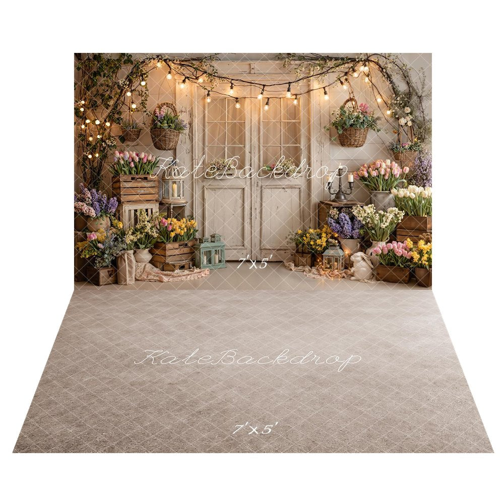 Kate Spring Flower Crates Rustic Door String Lights Printed Backdrop+Beige Floor Printed Backdrop Printed Backdrop