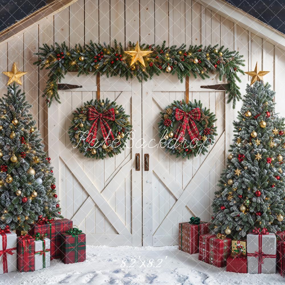 Kate Christmas Trees Wreath White Barn Door Red Plaid Backdrop Designed by Emetselch