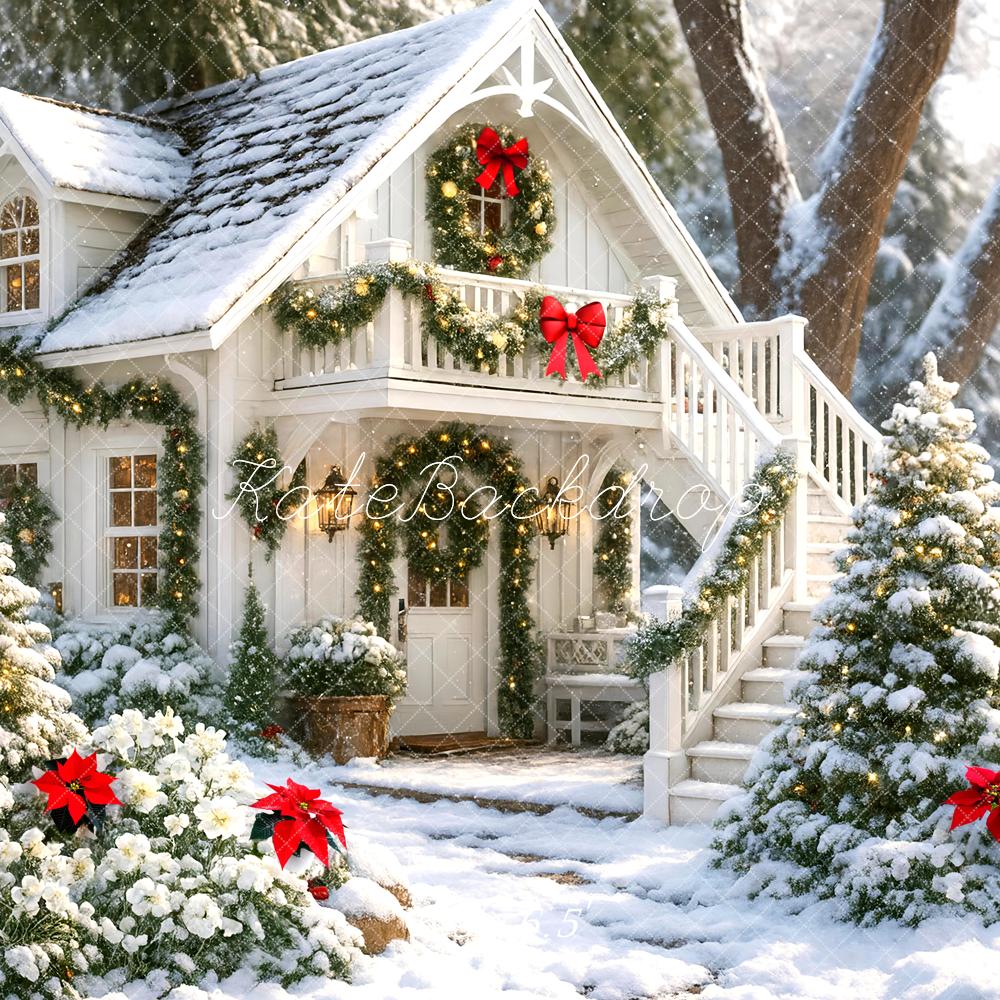 Christmas Snowy Cottage Garland Red Bows Backdrop Designed by Mini MakeBelieve