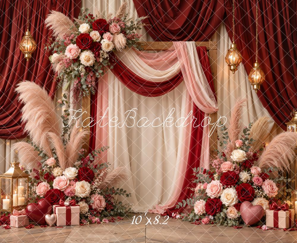 Kate Valentine's Day Boho Red Drapery Floral Lanterns Printed Backdrop Designed by Emetselch
