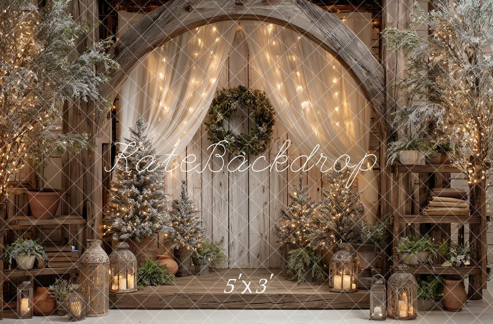 Kate Christmas Rustic Wood Arch Wreath String Lights Lanterns Trees Backdrop Designed by Ashley Paul