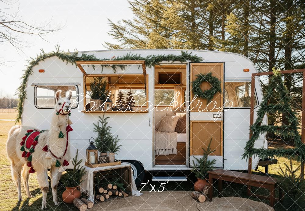 Kate Christmas Camper Llama Garland Wreath Trees Backdrop Designed by Patty Roberts