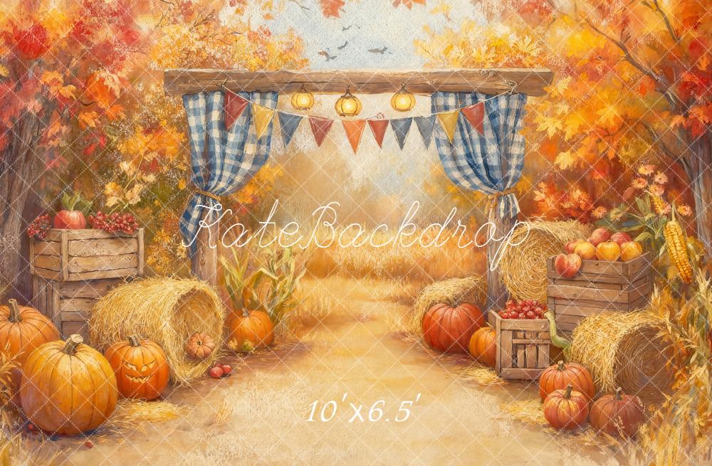 Kate Fall Forest Pumpkins Hay Bales Rustic Arch Leaves Backdrop Designed by GQ