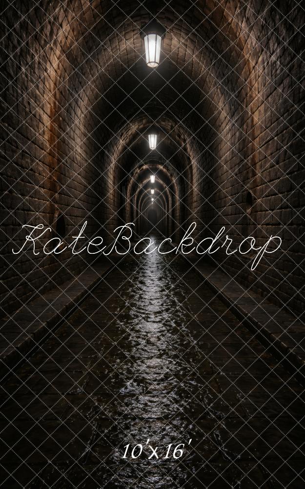 Kate Sweep Dark Underground Stone Tunnel Water Reflection Printed Backdrop Designed by Vertigo Productions