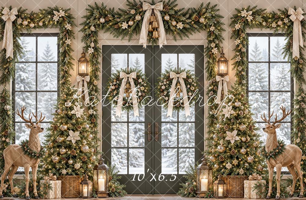 Kate Christmas Tree Garland Deer French Door Snow Printed Backdrop Designed by Emetselch