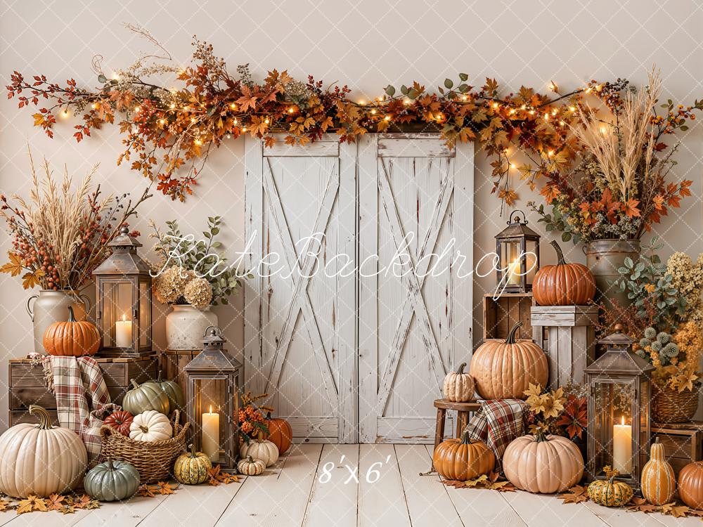 Kate Fall Rustic White Barn Door Pumpkin Lanterns Leaves Printed Backdrop Designed by Emetselch