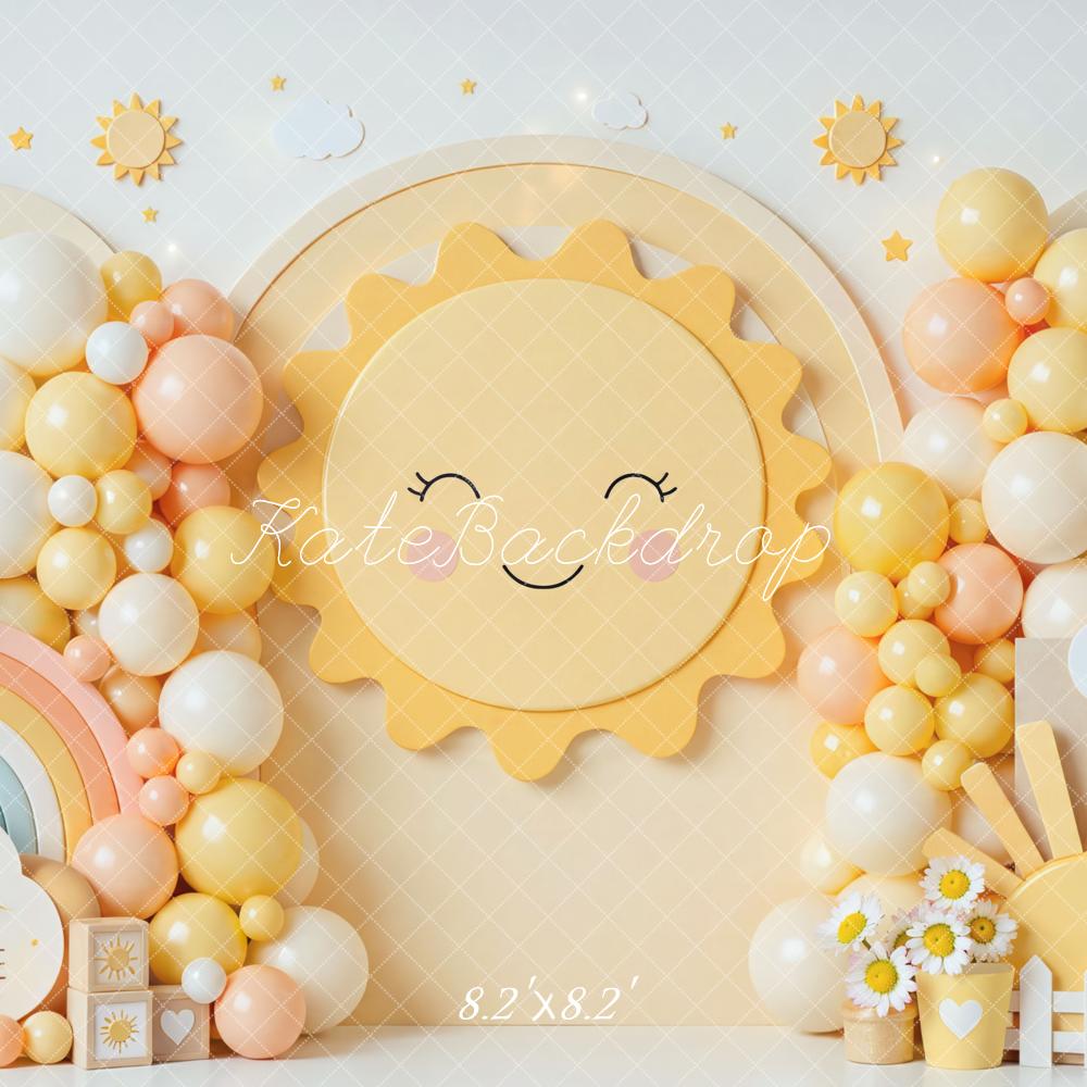 Kate Cake Smash Sunshine Rainbow Balloons Clouds Yellow Printed Backdrop Designed by Mini MakeBelieve