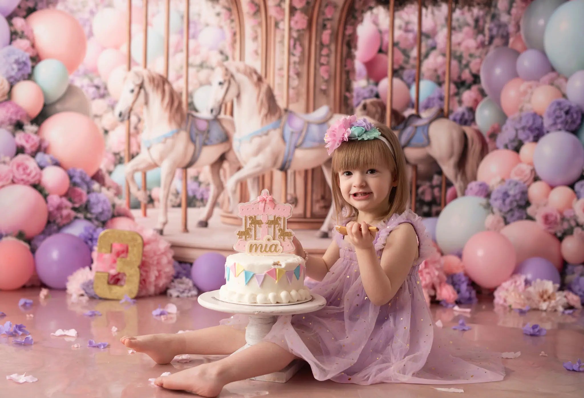 Kate Birthday Carousel Floral Balloons Pastel Printed Backdrop Designed by Ashley Paul