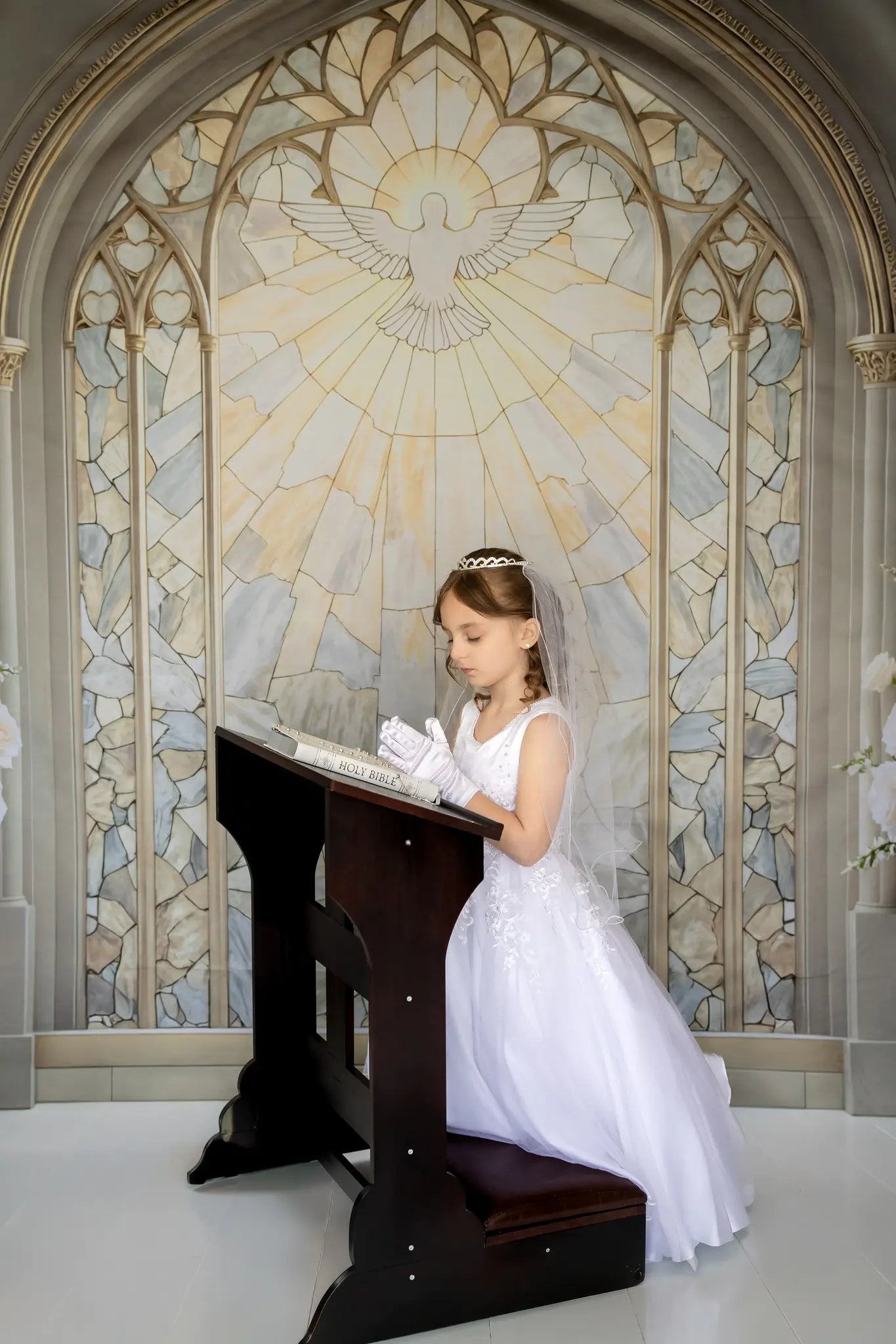Kate Church Stained Glass Dove Window White Roses Printed Backdrop Designed by Mini MakeBelieve