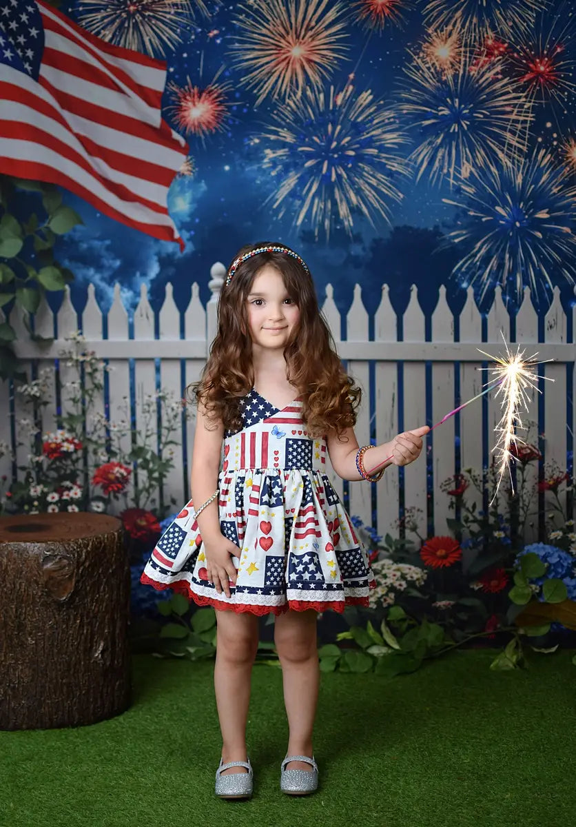 Kate Independence Day Fireworks American Flag Fence Backdrop Designed by Emetselch