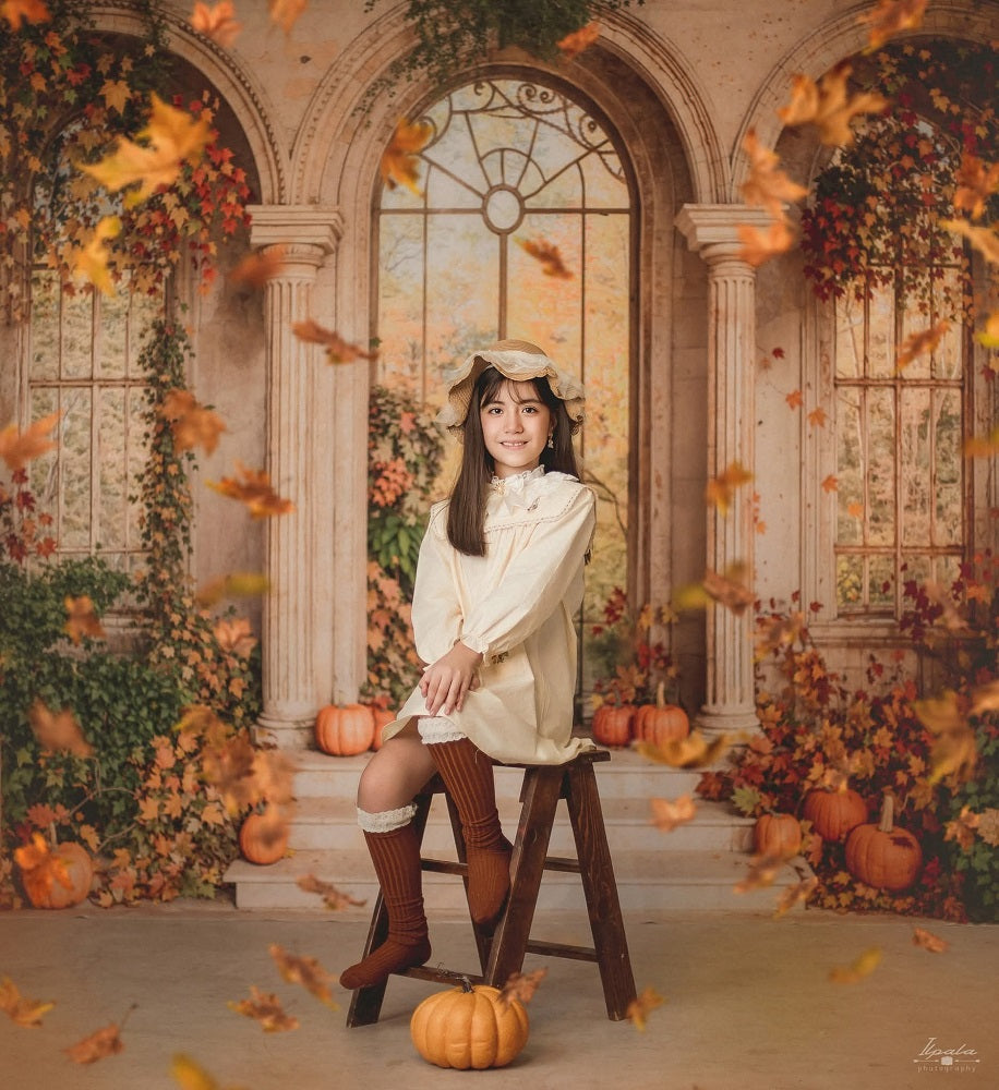 Fall Retro Arch Maple Leaves Pumpkin Backdrop Designed by Emetselch