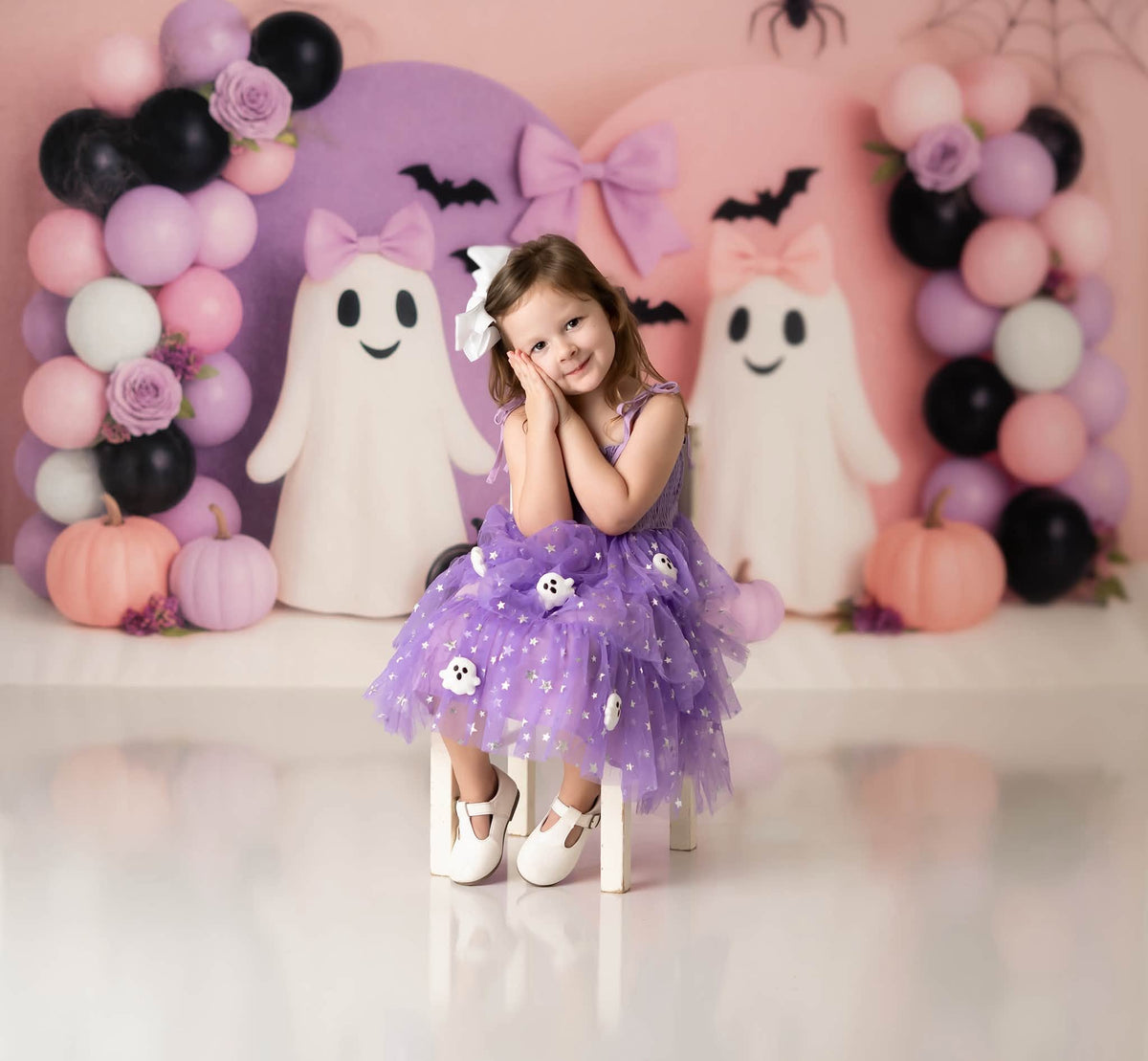 Kate Halloween Pastel Ghost Balloons Pumpkins Printed Backdrop Designed by Ashley Paul