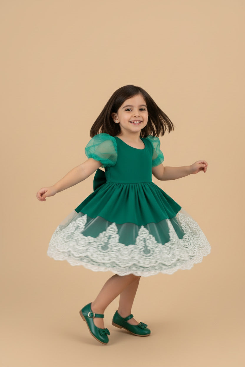 Groene Puff Mouw Strik Meisjesjurk voor Fotografie