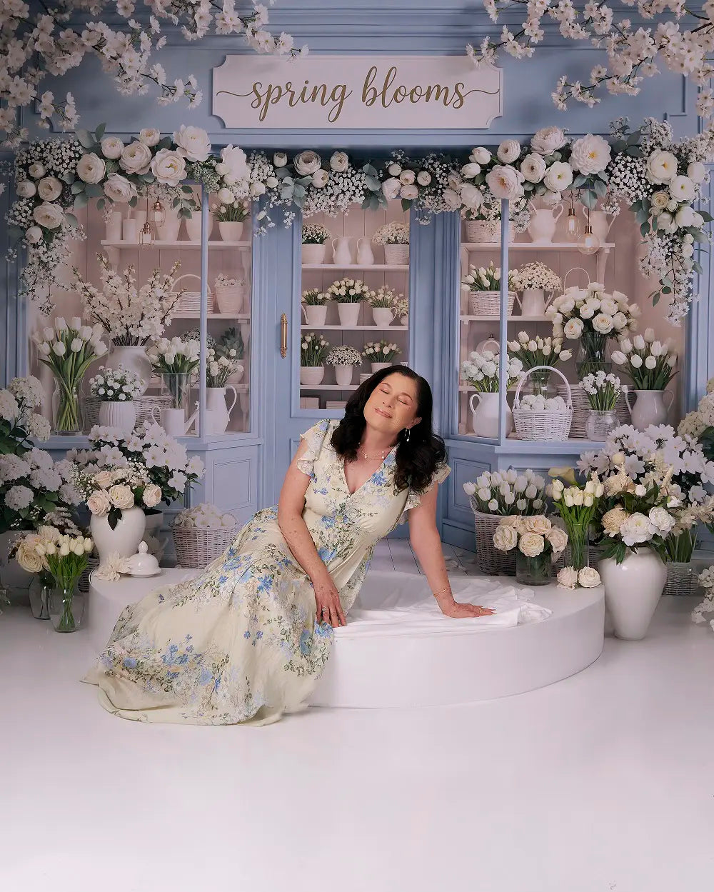 Kate Spring Flower Shop White Blossoms Printed Backdrop Designed by Emetselch