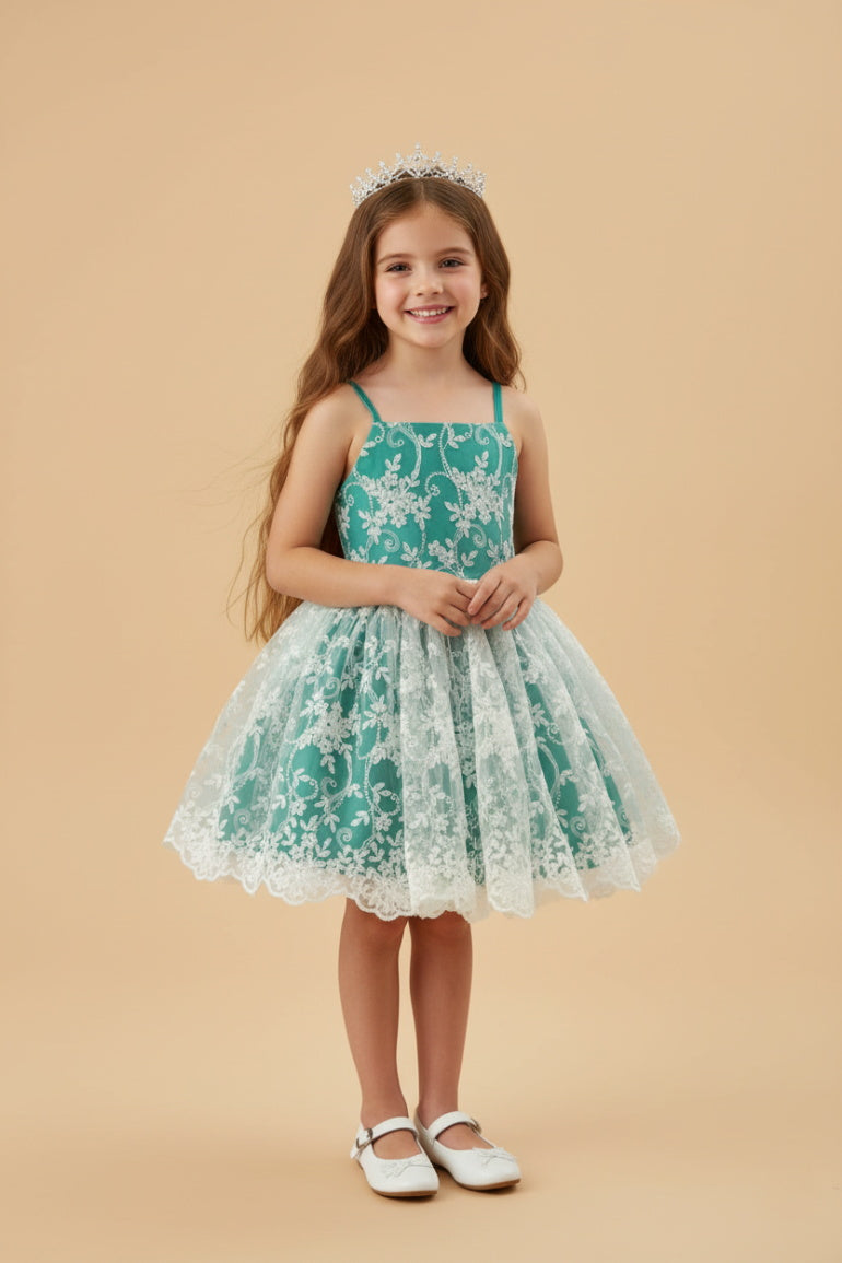 Kate Green Spaghetti Strap Embroidered Tulle Girls Dress for Photograp