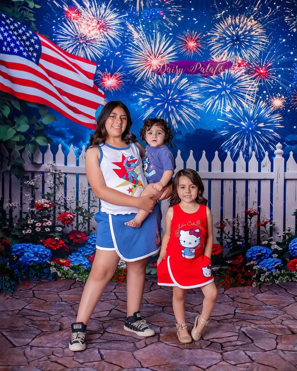Kate Independence Day Fireworks American Flag Fence Backdrop Designed by Emetselch