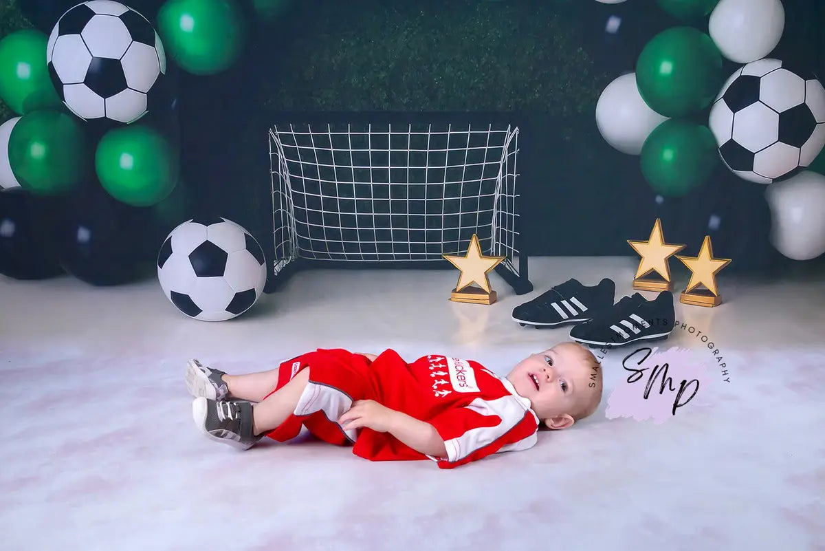 Kate Cake Smash Soccer Balloon Arch Green Backdrop Designed by Patty Roberts