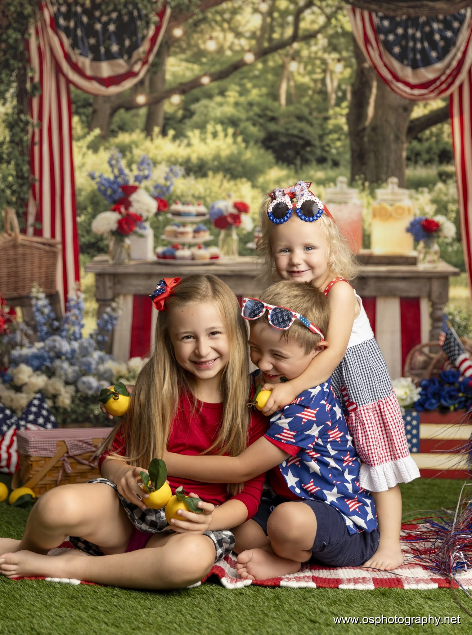 Kate Independence Day Patriotic Picnic Table Red White Blue Flowers American Flags Printed Backdrop Designed by Emetselch