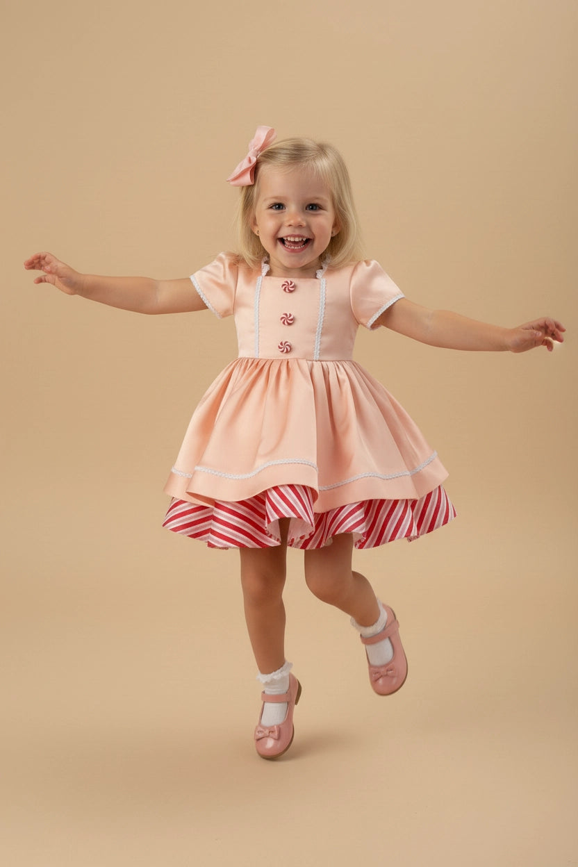 Vestido de Niña de Rayas de Caramelo Rosa de Navidad para Fotografía