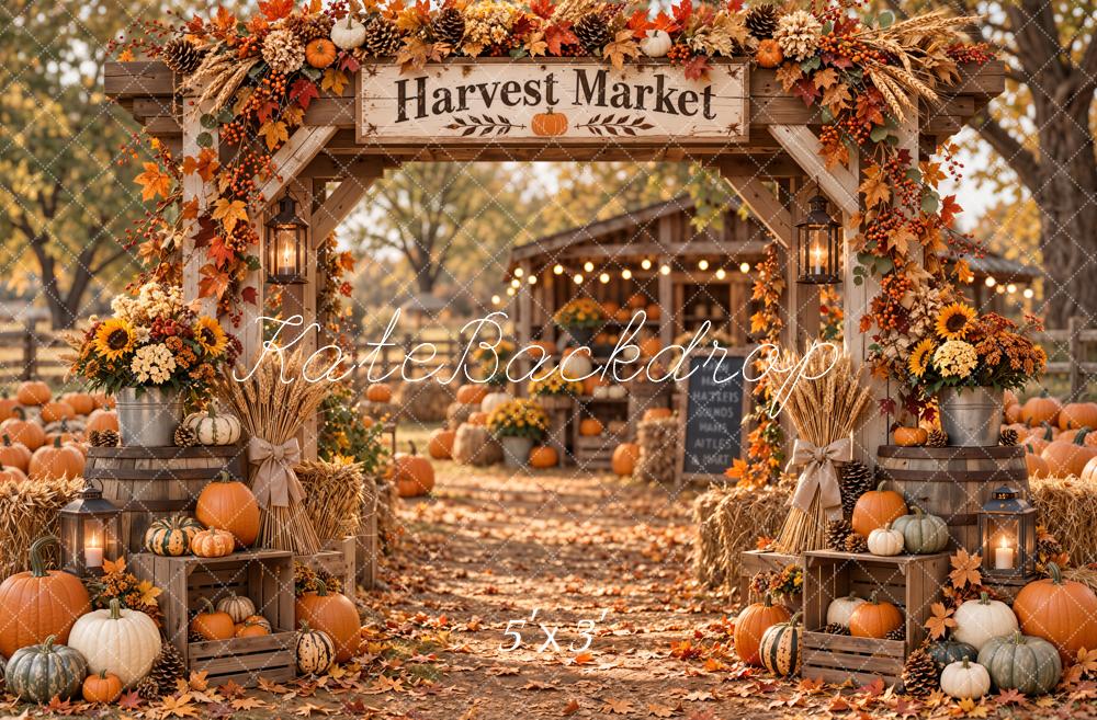 Kate Fall Harvest Market Arch Pumpkins Cabin Printed Backdrop Designed by Emetselch