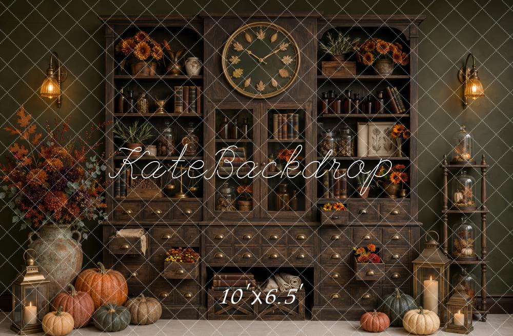 Kate Fall Vintage Apothecary Cabinet Clock Pumpkins Printed Backdrop Designed by Patty Roberts