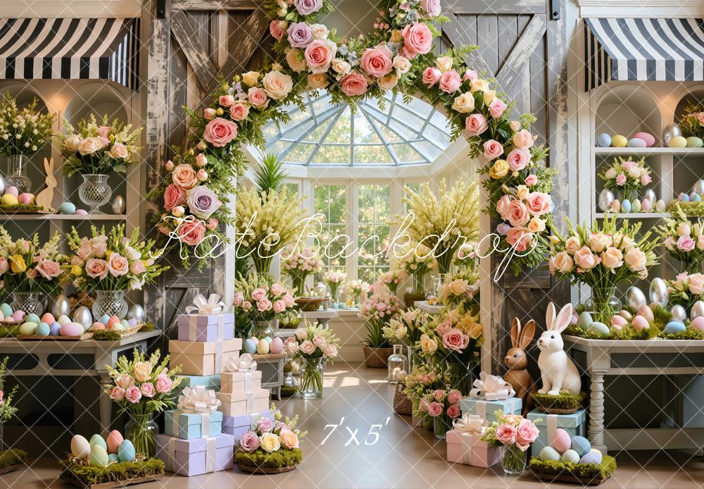 Kate Easter Bunny Flower Arch Pastel Eggs Printed Backdrop Designed by Mini MakeBelieve
