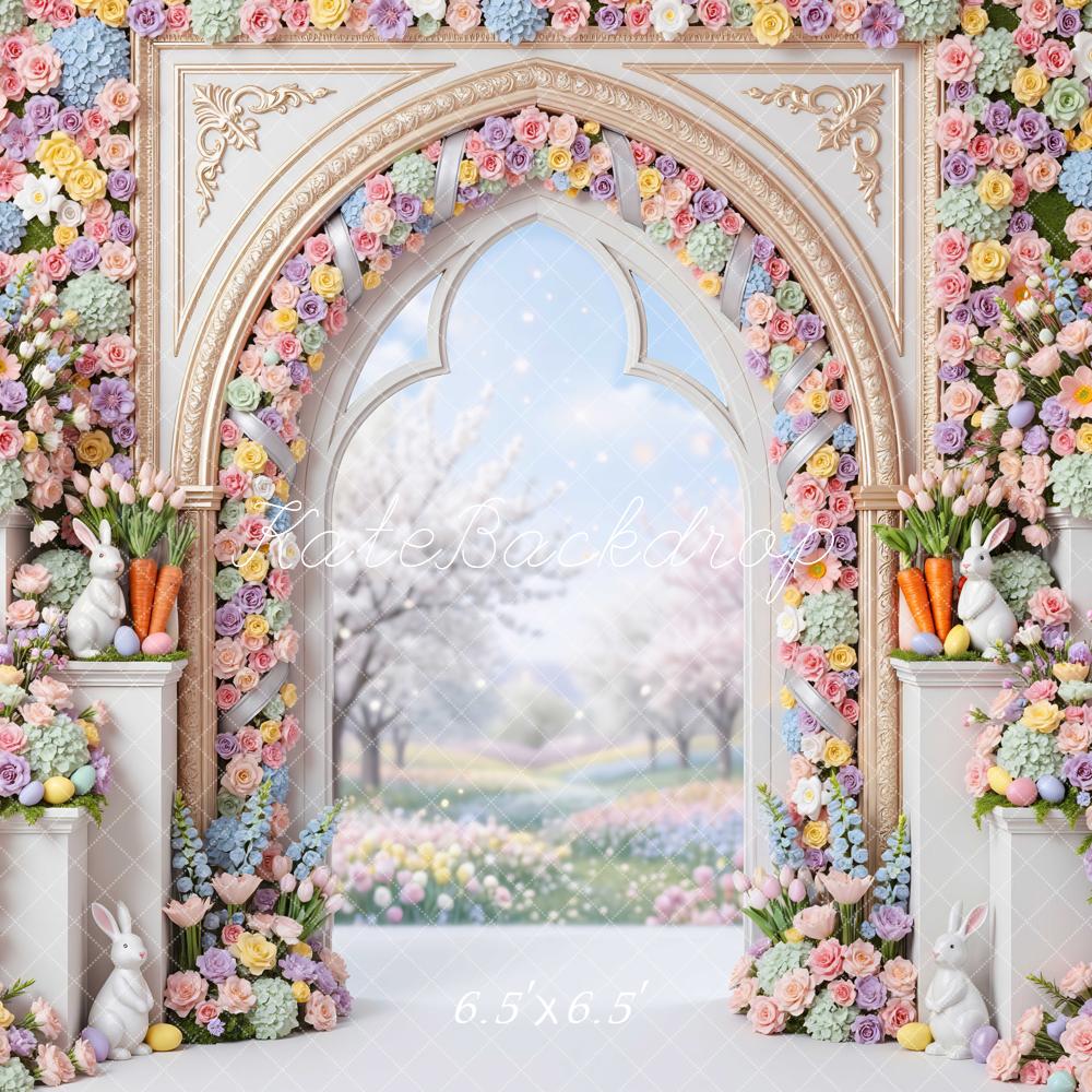 Kate Easter Bunny Flower Arch Pastel Garden Printed Backdrop Designed by Mini MakeBelieve