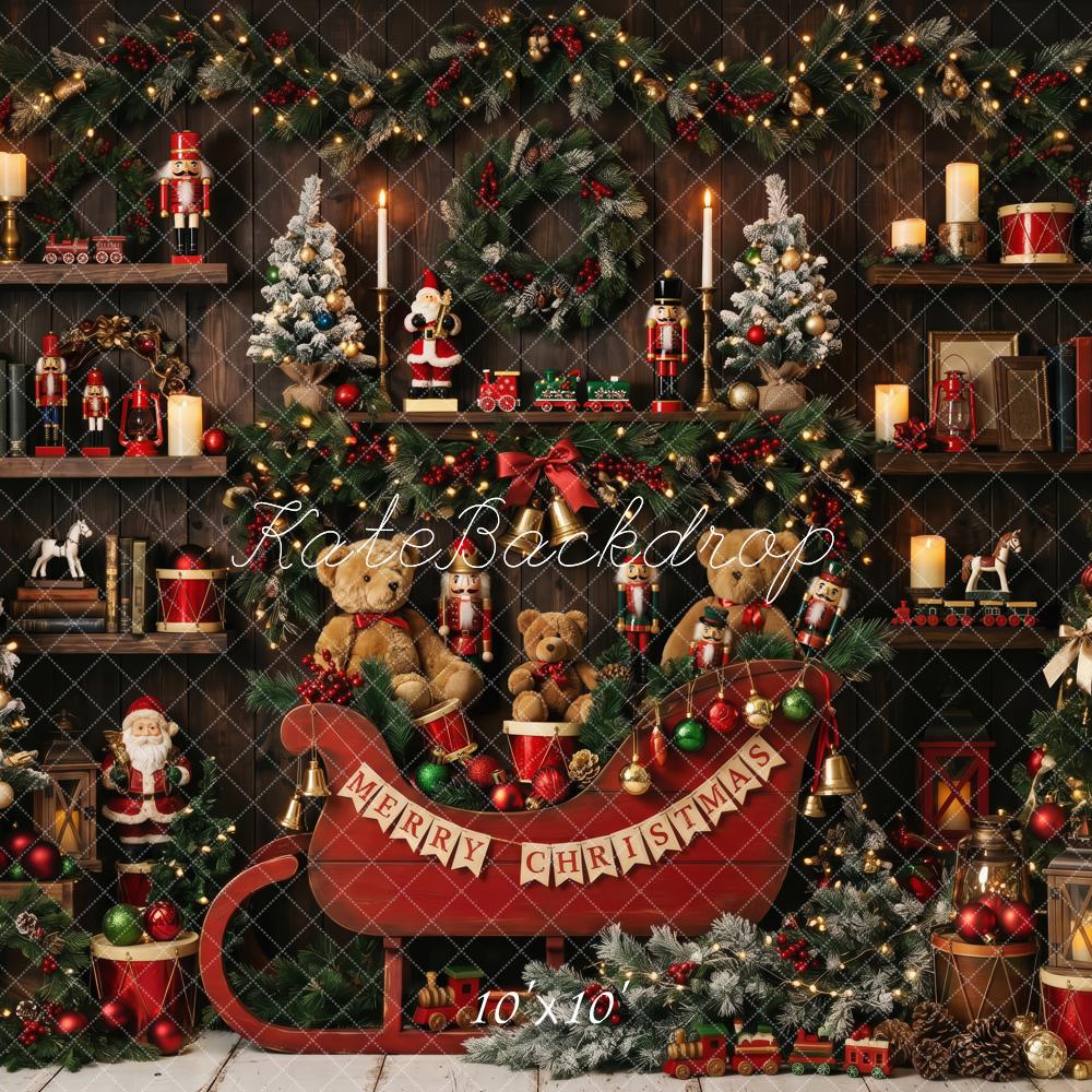 Kate Christmas Vintage Sleigh Nutcracker Toys Christmas Tree Garland Printed Backdrop Designed by Patty Roberts