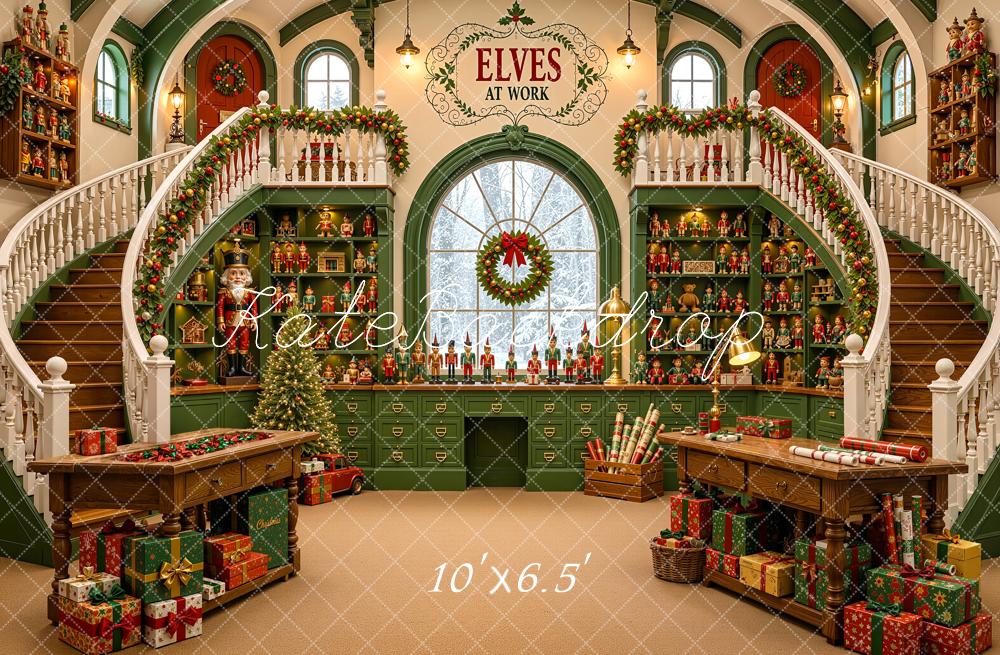 Kate Christmas Green Elves Toy Workshop Staircase Printed Backdrop Designed by Shutter Swan Studios