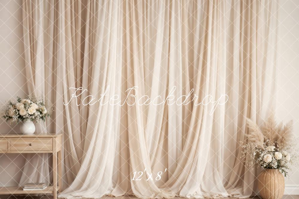 Kate Boho Beige Curtains Table Floral Arrangements Printed Backdrop Designed by Vertigo Productions