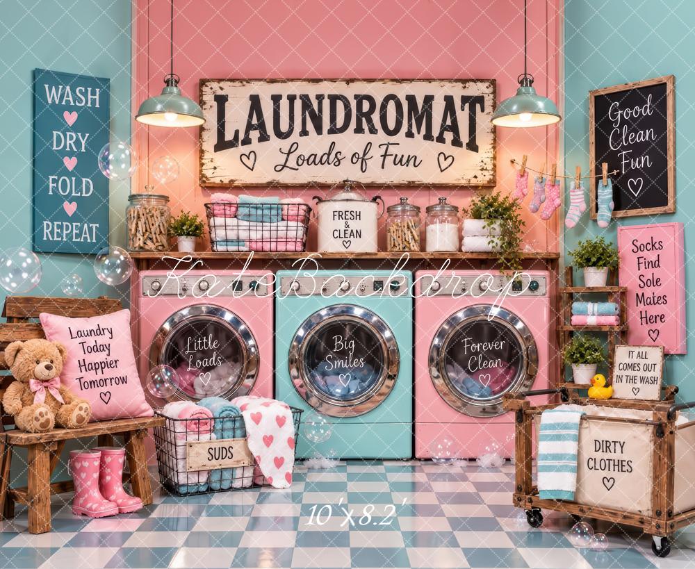 Kate Retro Pink Laundromat Washing Machines Printed Backdrop Designed by Laura Bybee
